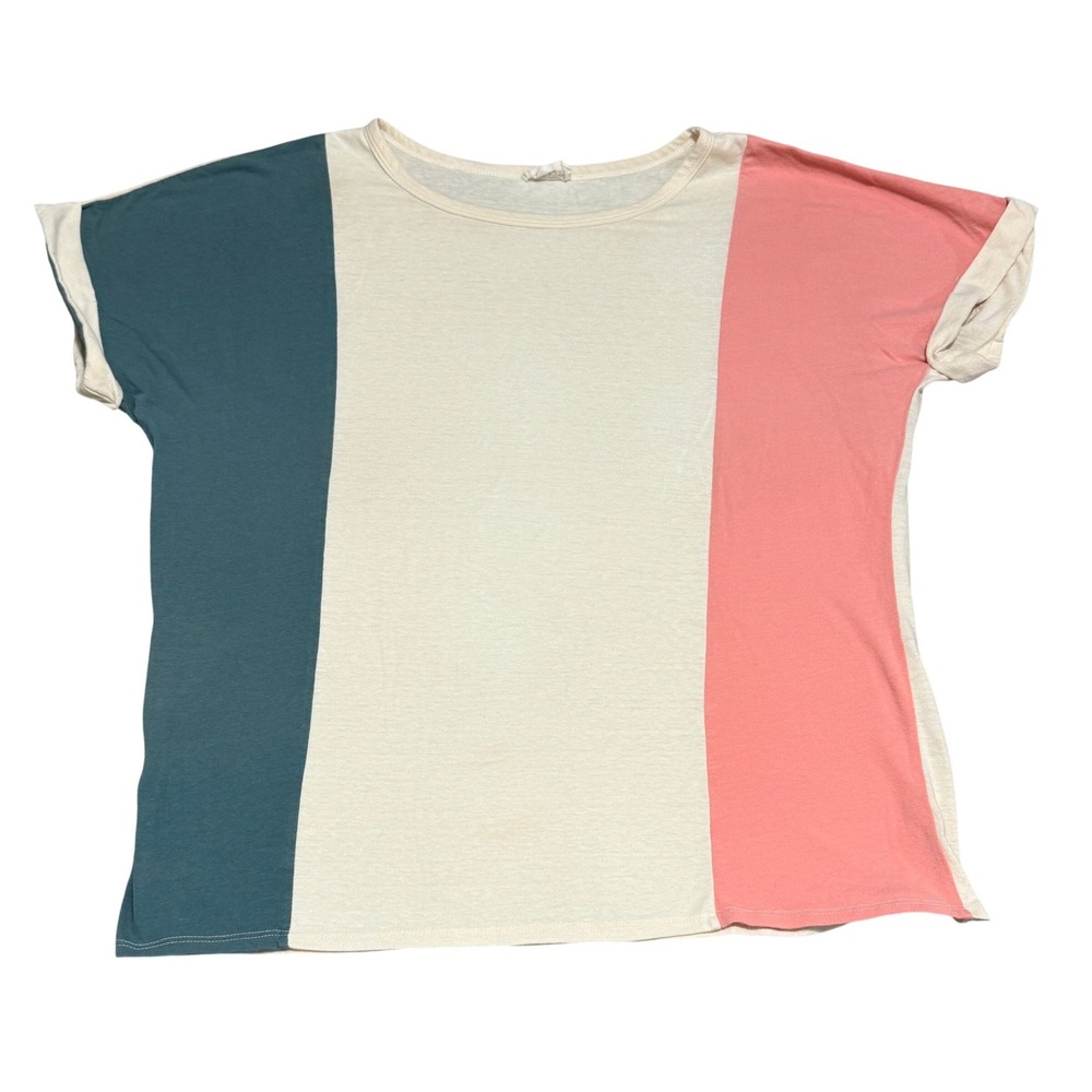 BIBI T-Shirt‎ Womens M Multi Colorblock Cuffed Sleeve Crew Neck Casual Knit Top
